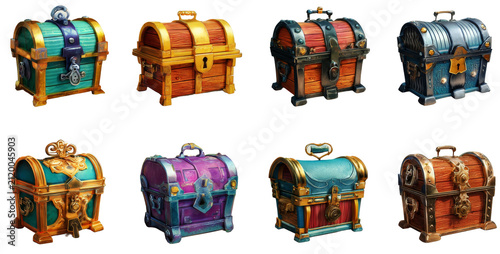 Fantasy treasure chest set isolated on transparent background game asset