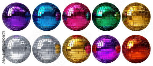 Disco ball collection set with various metallic textures transparent background