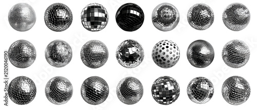 Disco ball collection set with various metallic textures transparent background