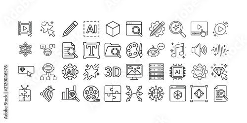 Collection of black outline representing artificial intelligence technology and creative processes vector illustration isolated on white background.