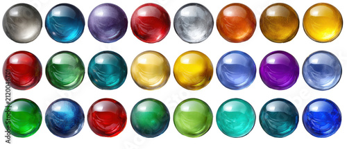 Colorful glossy glass spheres collection set with liquid textures transparent background