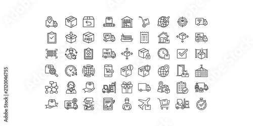 Collection of black outline representing logistics delivery and shipping services package vector illustration isolated on white background.