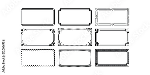 Nine black and white decorative rectangular frames with varied on white background border ornate vintage