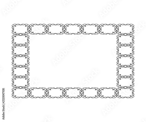 Vintage calligraphic rectangular frame. Black filigree chain link border with ornamental scrollwork corners isolated on a white background
