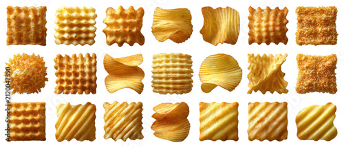 Assorted ridged potato crisps in a geometric grid isolated on transparent background