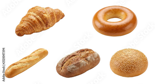 Collection of baked goods including croissant bagel baguette and buns isolated