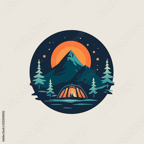 Flat logo vector illustration of a mountain camping scene with pine trees, glowing tent, orange sunset, night sky, and peaceful wilderness atmosphere.