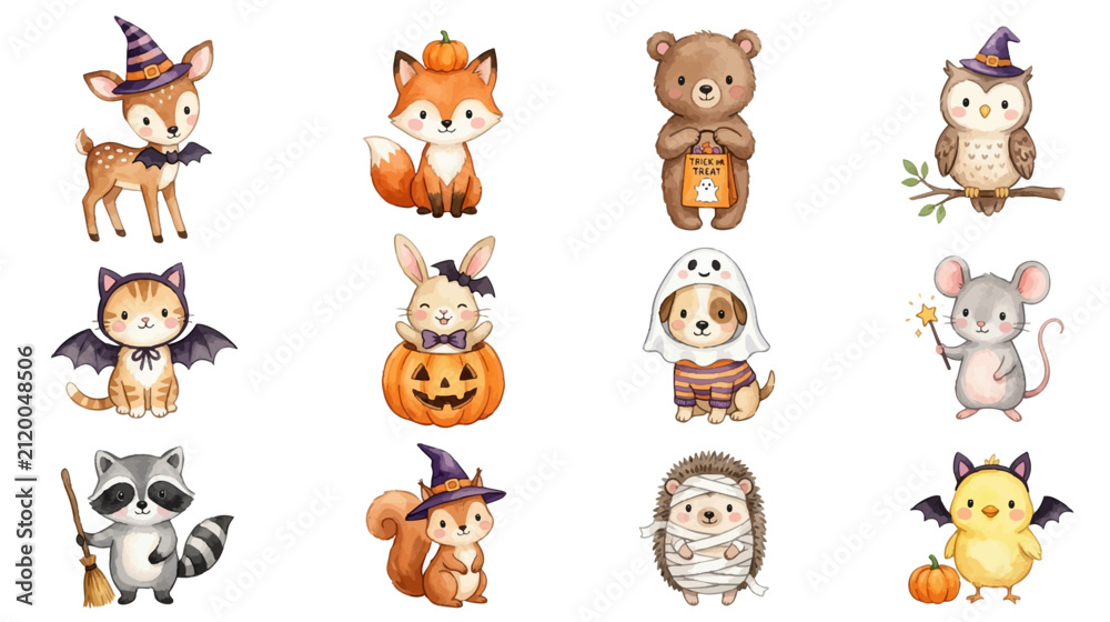 Obraz premium Adorable Halloween forest animals in fun costumes.. Collection of Vector illustrations for invitation, card, poster, banner, decoration 