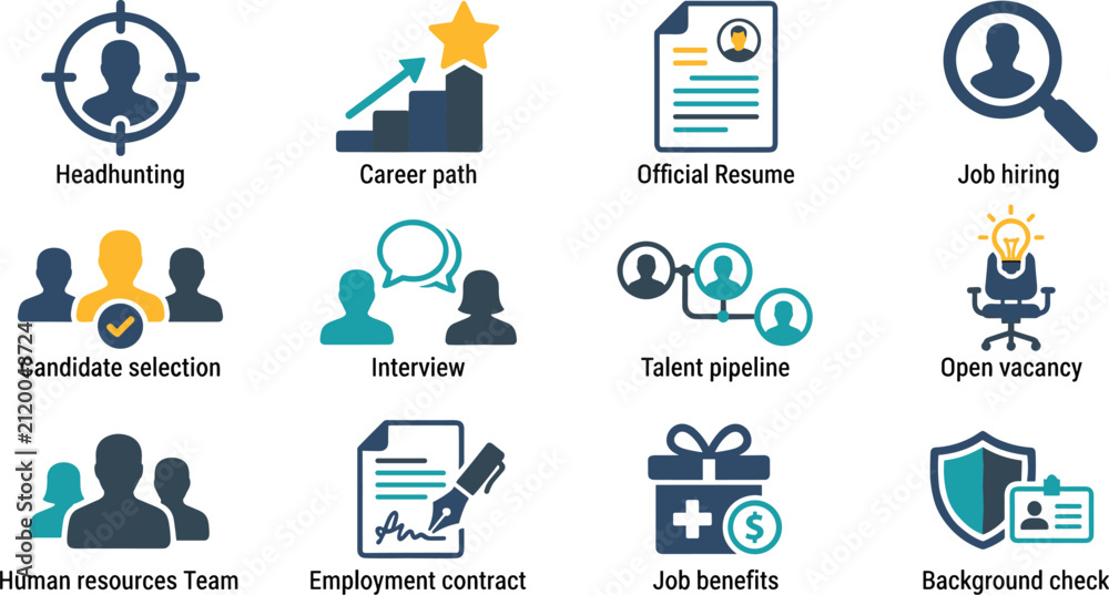 Fototapeta premium Flat human resources and recruitment vector icons set featuring headhunting career path official resume job hiring interview talent pipeline and candidate selection
