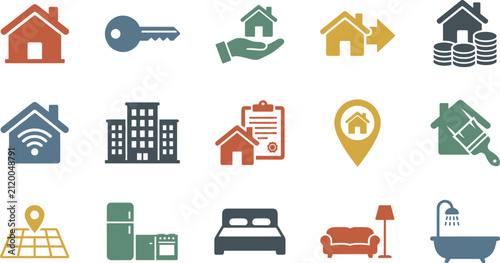 Flat real estate and property agency vector icons set featuring house keys investment coins smart home apartment contract renovation and residential furniture