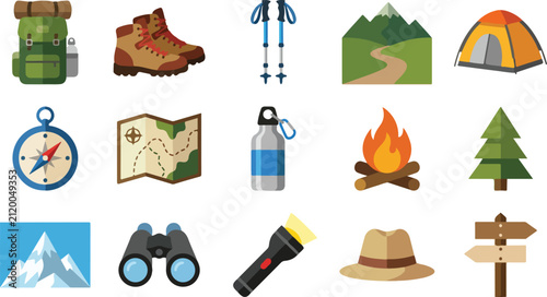 Hiking and outdoor adventure flat vector illustration collection featuring hiking boots, trekking poles, campfire, map, mountains and camping essentials isolated on white background