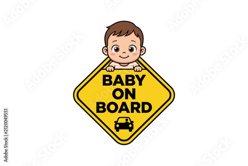 Baby on Board Caution Sign with Cartoon Boy Illustration