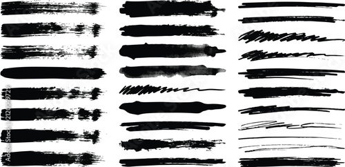 Collection of distressed black paint brush strokes for graphic design with isolated abstract collection horizontal distressed creative brushwork
