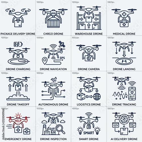 Delivery drone cargo drone warehouse inspection and navigation line icons set vector