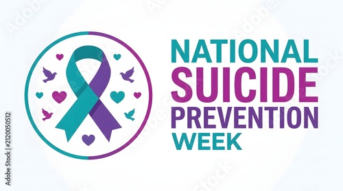 A teal and purple ribbon symbol representing national suicide prevention week awareness campaign with small heart icons on white background