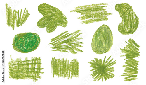 Abstract hand drawing bright olive green crayon oil pastel textured squiggle blobs set. Creative watercolor pencils scribble round shapes for banner design, texture frame background