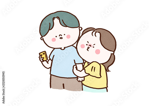 Fotografía Girlfriend clinging to her boyfriend's arm and pouting because he is only lookin