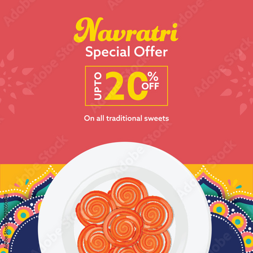   Happy Navratri Special Offer Sale Poster with UP TO 20 Percentage Discount Offer on Indian Sweets ( Jalebi) for Spiritual Festival Celebration.