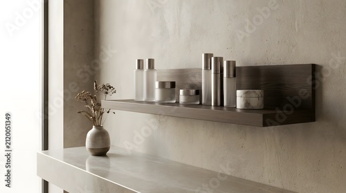 Modern bathroom shelf with minimalist skincare products. Sleek floating storage displaying luxury toiletries and natural decor.