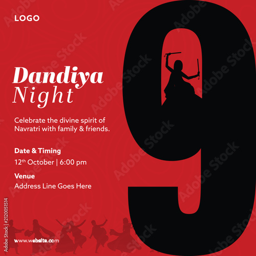 Dandiya Night Poster with Silhouette Indian Woman Dancing with Dandiya Stick on Red Background for Spiritual Nine Nights Festival Celebration Illustration.