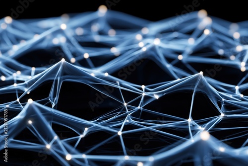 digital network with glowing interconnected nodes and flowing data connections on a dark background, futuristic visualization of artificial intelligence, neural networks and communication technology