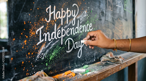 Hand writing happy independence day on a classroom blackboard using colorful chalk with blackboard celebration education national patriotism classroom colorful