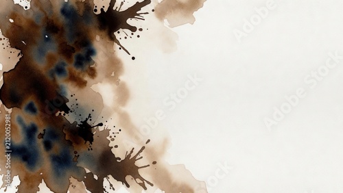 Dark brown and navy watercolor splatter fading into clean white copy space