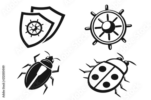 Four black insect icons with shield and wheel symbols