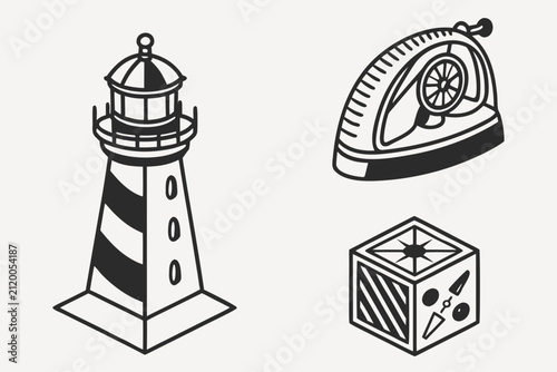 Lighthouse and industrial objects set flat vector icons