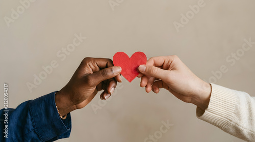 Two hands of different skin tones holding a small red heart symbol together as a gesture of unity love friendship equality connection with equality, diversity