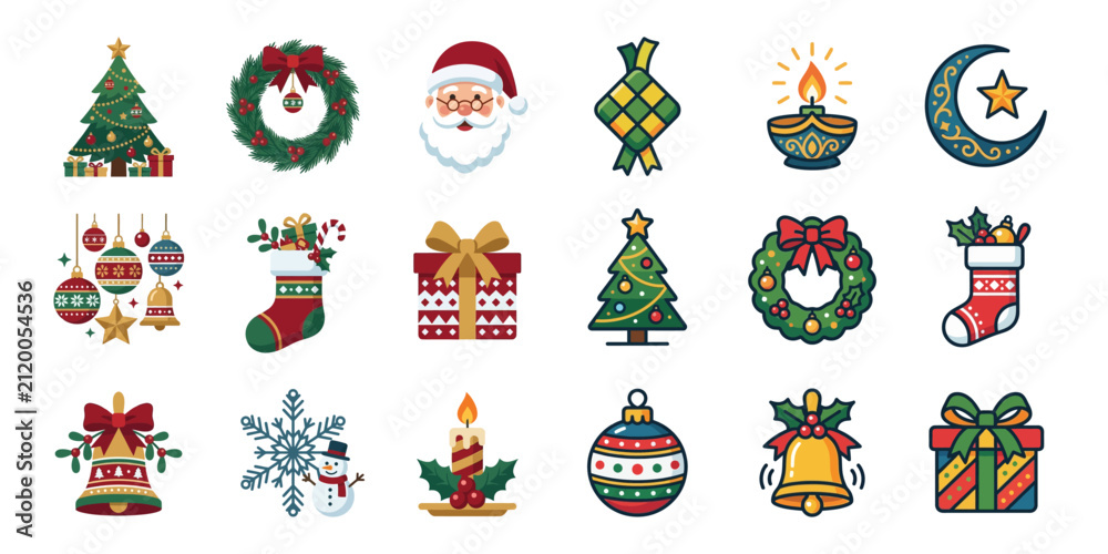 Fototapeta premium Pixel Art Christmas Icons Collection: Santa, Tree, Gifts, Snowman, Wreath, Stocking, Bell