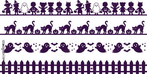 Cuadro en lienzo Dark purple horizontal border ribbons collection for spooky autumn holiday decoration containing trick or treat children spooky ghost silhouettes and spiders hanging on fences