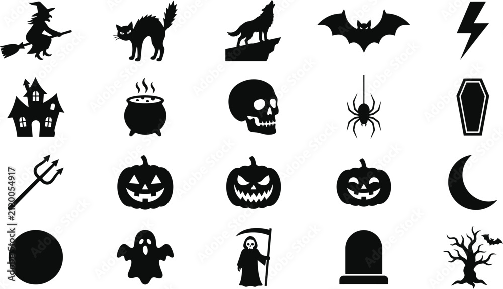 Fototapeta premium Spooky Halloween black icon silhouettes set featuring witch cat wolf bat lightning bolt house cauldron skull spider coffin pitchfork pumpkins moon ghost grim reaper and gravestone.