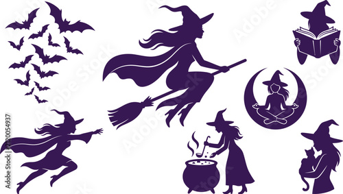 Fotografie Spooky Halloween purple witch silhouette vector collection featuring sorceress characters flying on a broom cooking potion reading book doing yoga on moon with flying bats