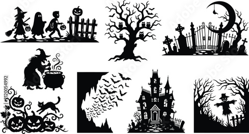 Bild auf Leinwand Spooky Halloween vector silhouettes set featuring trick or treating children scary witch graveyard haunted mansion bats scarecrow spooky tree and carved pumpkins patch