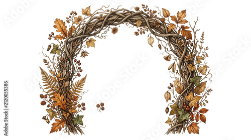 Rustic autumn grapevine arch with dried leaves and berries, fall botanical floral frame, decorative seasonal twig border for wedding invitations isolated PNG with Transparent Background