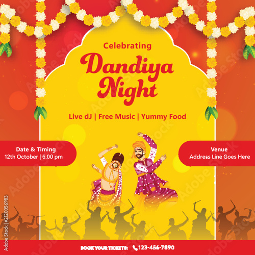 Dandiya Night Event Poster with Indian People Dancing Folk Dance on Yellow and Orange Decorative Toran Background.