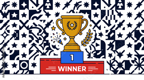 Quadro su tela Golden Trophy on Podium with Winner Sign - Abstract Pattern Background