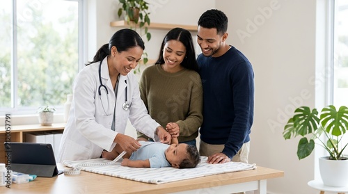 Friendly female pediatrician examining a newborn baby during a routine checkup with parents present.