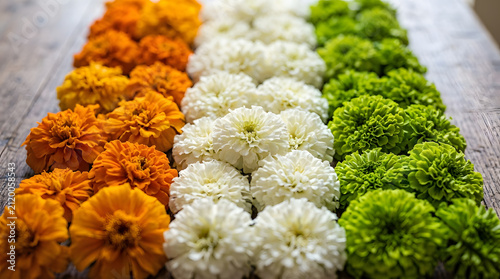 Rows of colorful marigold and chrysanthemum flowers arranged in indian flag tricolor pattern with marigold chrysanthemum tricolor celebration tradition decoration