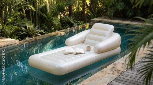 Inflatable white pool lounge chair floating on water surface. Open book resting on cushion for leisure activity. Tropical outdoor spa or resort backyard relaxation concept.