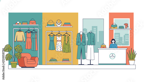 Interior of a modern clothing boutique with stylish dresses on racks, mannequin displays, and a receptionist counter.