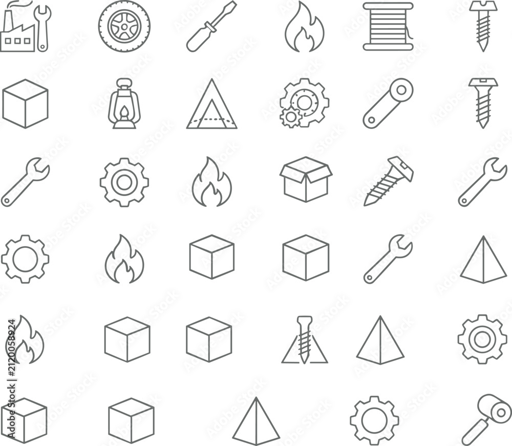 Fototapeta premium Industrial hardware and mechanical tools line art icon set featuring wrenches gears screws cubes and workshop equipment vector illustration