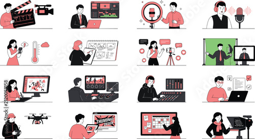 Bild auf Leinwand Content Creation and Video Production Process Flat Icon Set Illustration