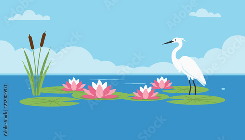 Elegant white egret stands gracefully on a lily pad in a quiet pond surrounded by beautiful pink lotus flowers.