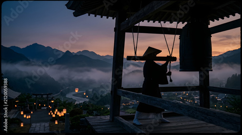 Buddhist monk ringing temple bell at sunrise overlooking foggy mountain valley with mountain buddhism spiritual tradition peaceful meditation silhouette