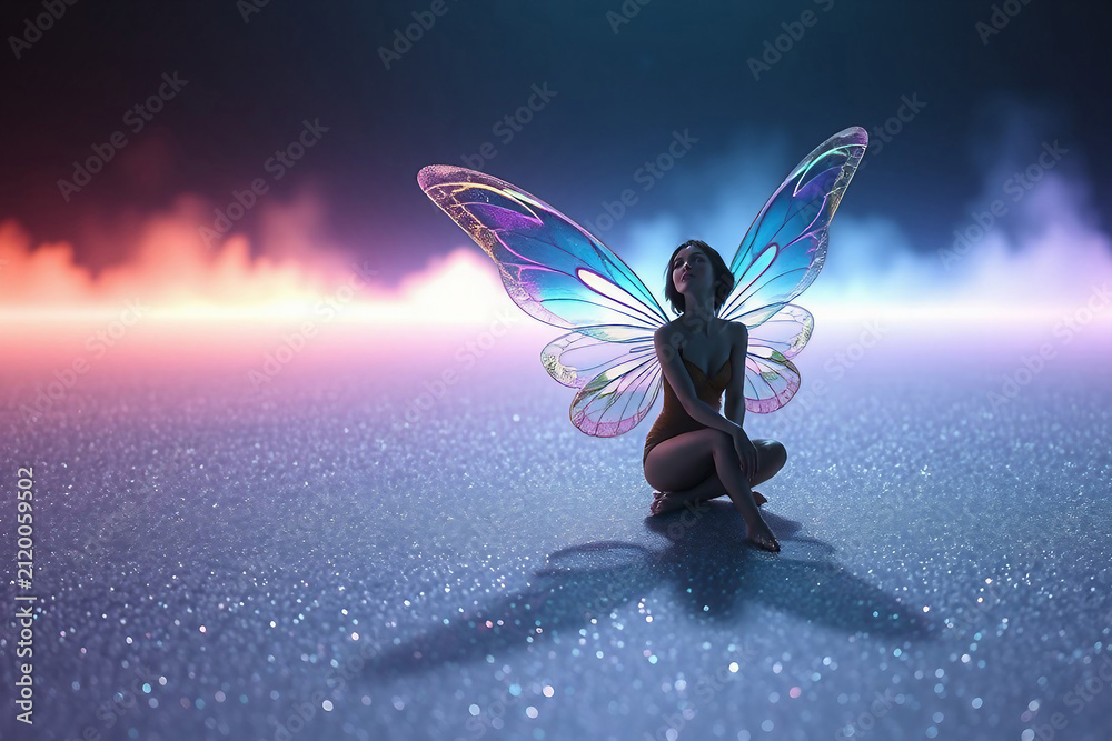 Fototapeta premium Young fairy-tale fairy sitting with neon wings