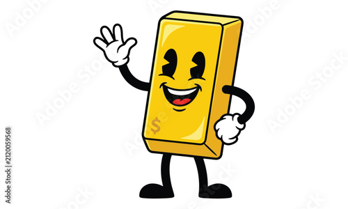 Vintage gold bar mascot waving with dollar sign