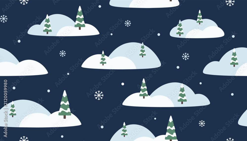Naklejka premium Winter seamless pattern with snowy hills, green pine trees, and falling snowflakes on dark blue night background.