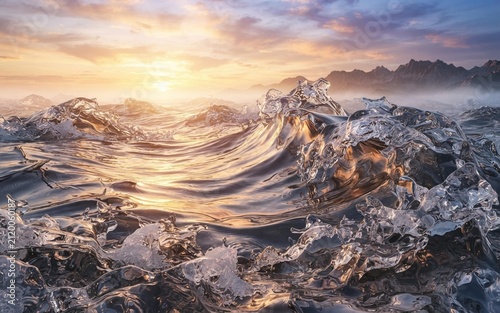 Ocean made entirely of flowing liquid titanium with crystal glass waves frozen in motion, luxurious metallic reflections
